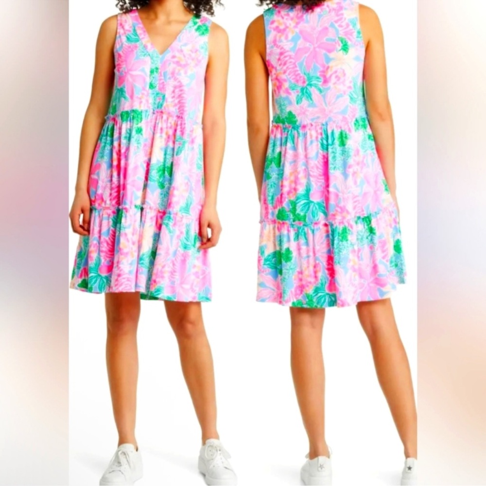 Lilly Pulitzer Lorina Floral V-Neck Aline Pink and Green Mini Dress